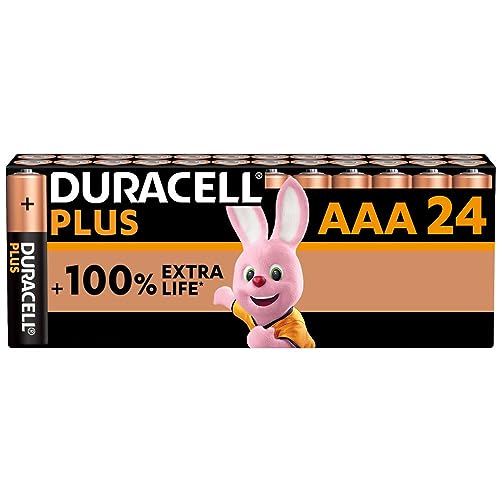 Duracell Plus pilas AAA (pack de 24) - Alcalinas 1,5 V - Hasta 100 % extra duración - Fiabilidad para dispositivos cotidianos - Embalaje sin plástico - 10 años de almacenamiento - LR03 MN2400