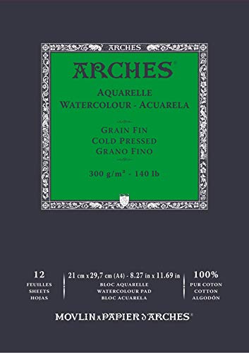 ARCHES Aquarelle 100% Fino 300g Bloc Encolado A4 12 hojas Blanco Natural, color (FILA A1795091)