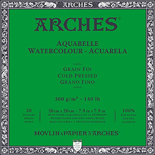 Arches Aquarelle 100% Fino 300g Bloc Encolado 4L 20x20 20 hojas Blanco Natural