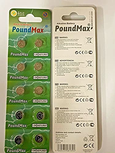 10x AG7 (LR57, LR927, 395) 1,5V - PoundMax Pilas alcalinas de botón | 1x Paquete de 10