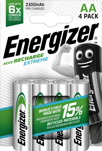 Energizer - Recargables, Pack de 4 pilas AA 2300 mAh, precargada, para dispositivos uso frecuente y cientos de recargas